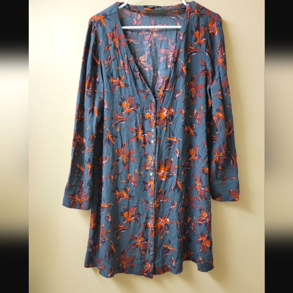 Madewell Blue Floral Long Sleeve Dress with Orange Accent